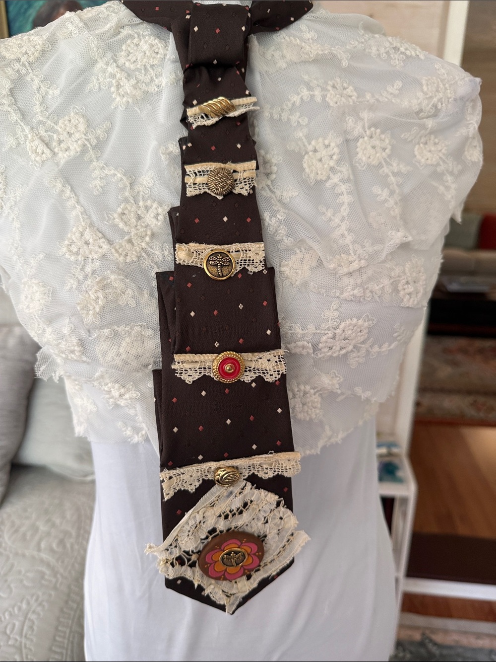 Upcycled Vintage Brown Necktie Art Scarf - Picture 2 of 9